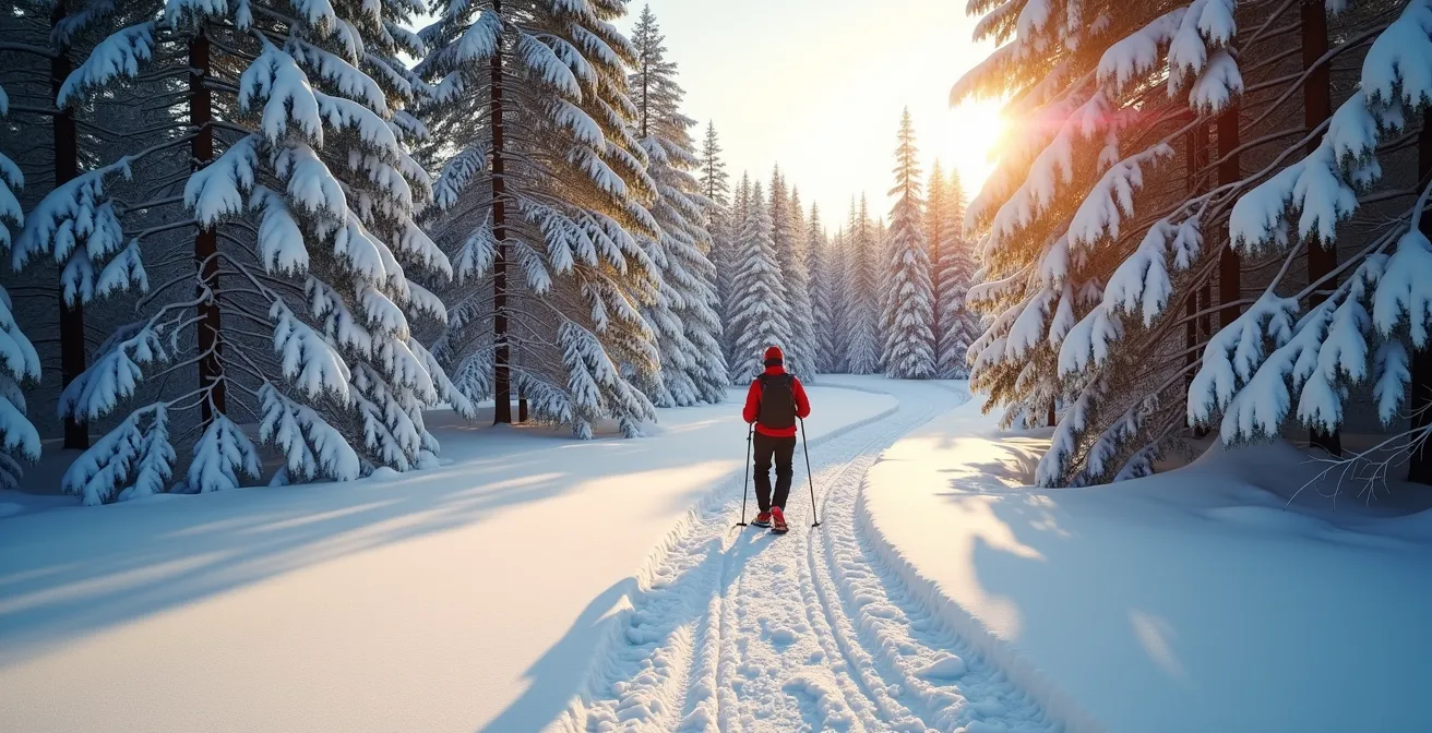 Vue large d'un sentier de raquettes dans une forêt enneigée québécoise avec une personne au loin