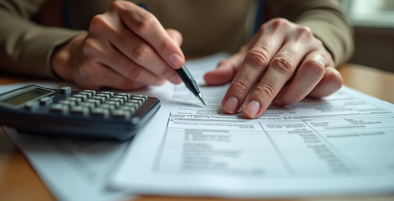 Personne âgée consultant des documents fiscaux avec calculatrice sur une table au Québec