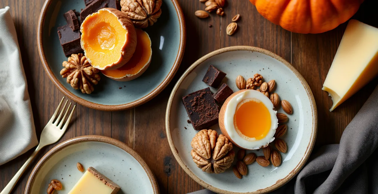 Arrangement d'aliments riches en tryptophane sur une table en bois, lumière naturelle