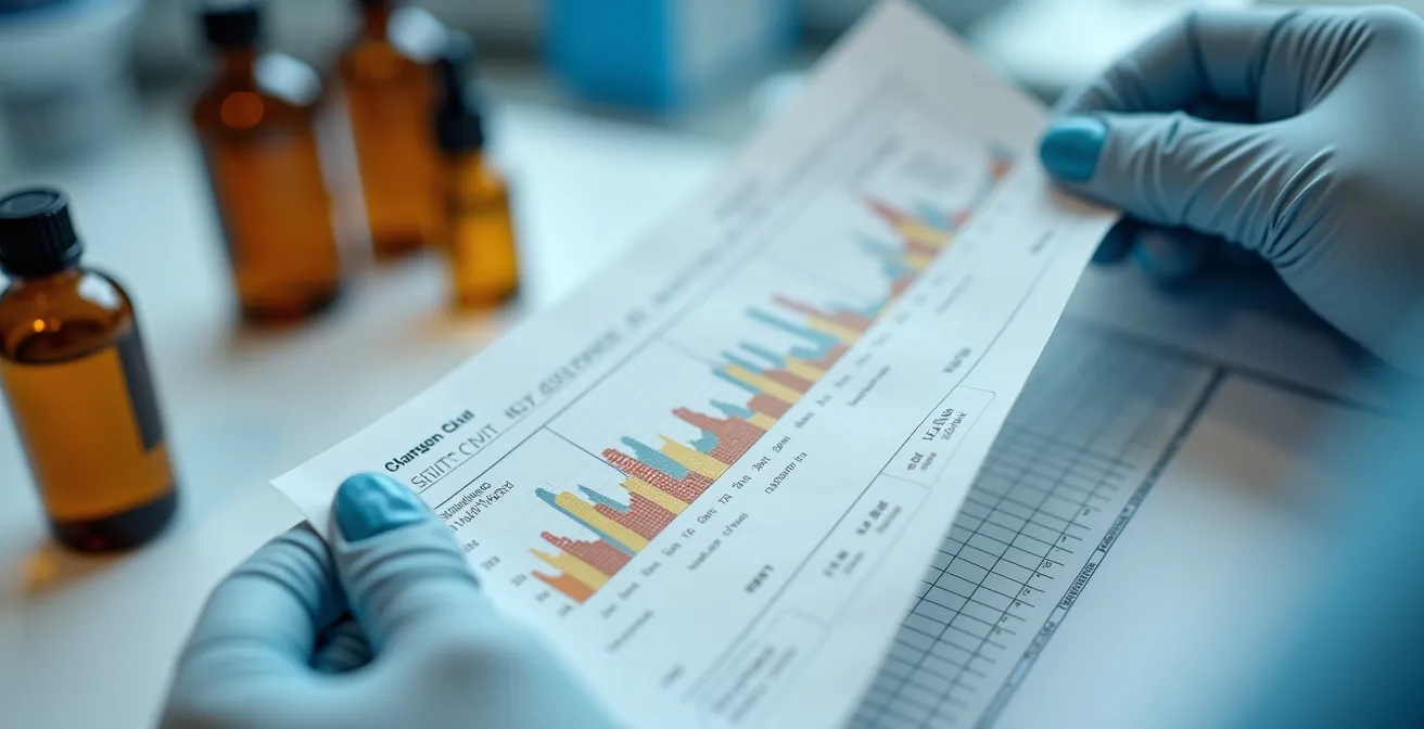 Scientifique analysant un rapport GC/MS avec graphiques moléculaires et flacons d'huiles essentielles