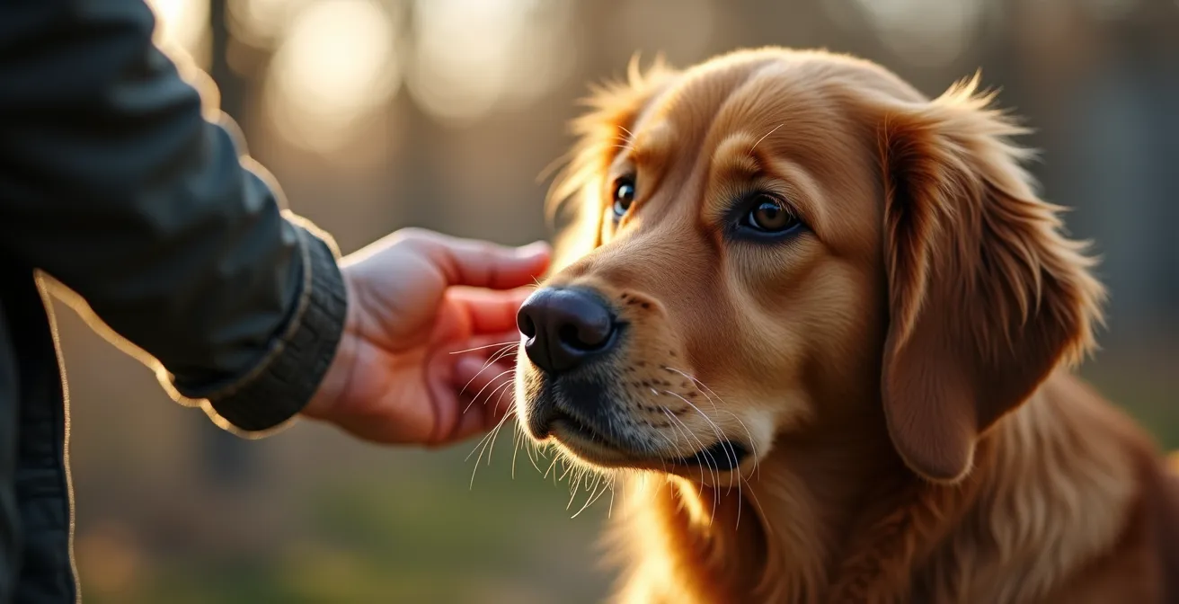 Personne caressant un chien dans un refuge animalier québécois, moment de connexion thérapeutique
