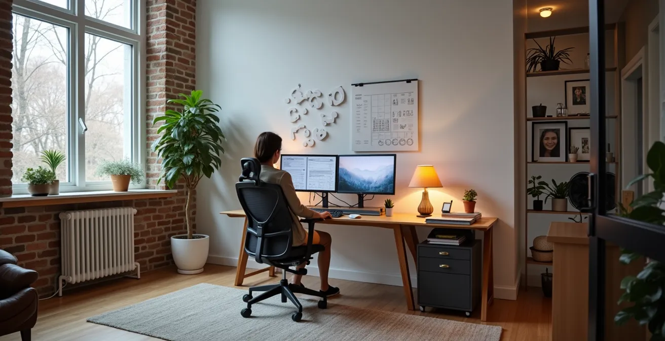 Espace de télétravail professionnel aménagé dans une maison québécoise avec équipement ergonomique