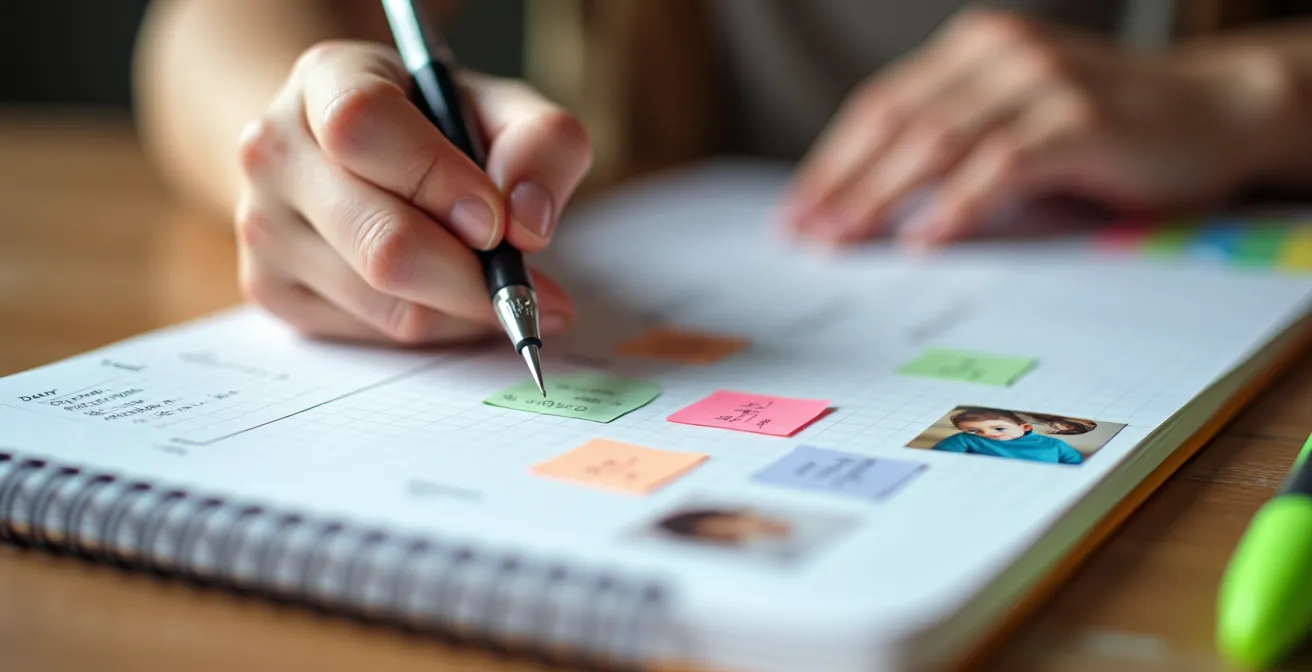 Vue macro de mains d'adulte écrivant dans un cahier d'observations avec photos d'enfant et notes colorées