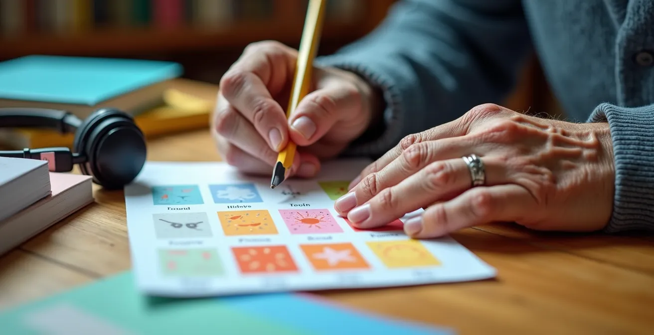 Gros plan sur les mains d'une personne âgée tenant un livre ouvert avec des notes manuscrites, entourée de matériel d'apprentissage coloré