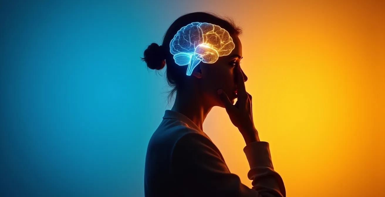 Illustration métaphorique du cerveau avec les zones limbique (émotionnelle) et préfrontale (rationnelle) représentées par des couleurs bleue et dorée.