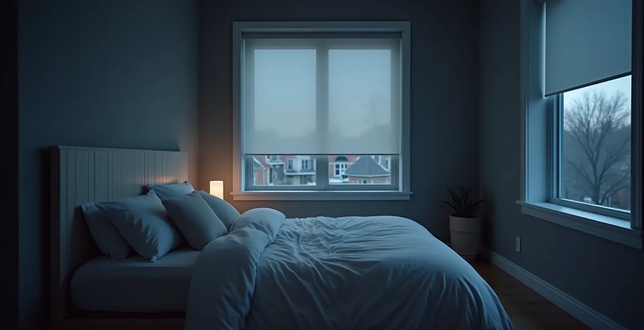 Chambre à coucher plongée dans l'obscurité avec stores cellulaires opaques et équipements anti-bruit
