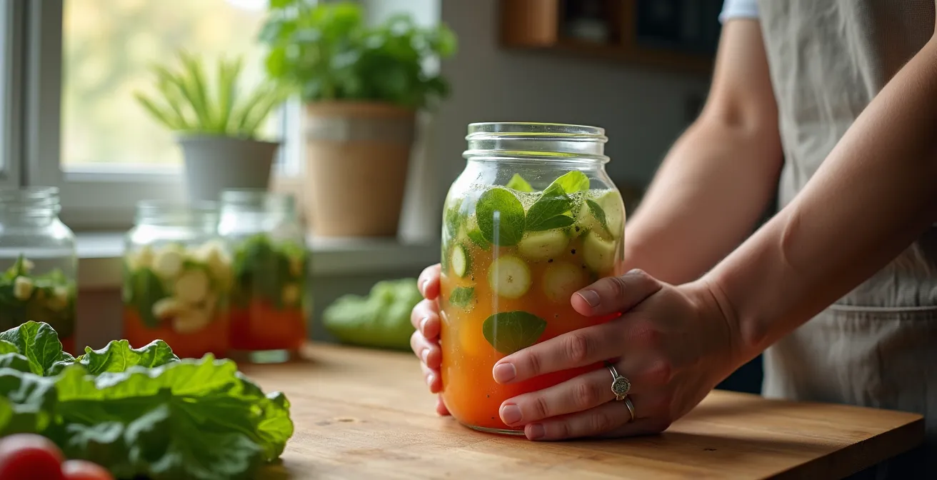 Bocaux de légumes fermentés colorés disposés en rangée avec bulles de fermentation visibles