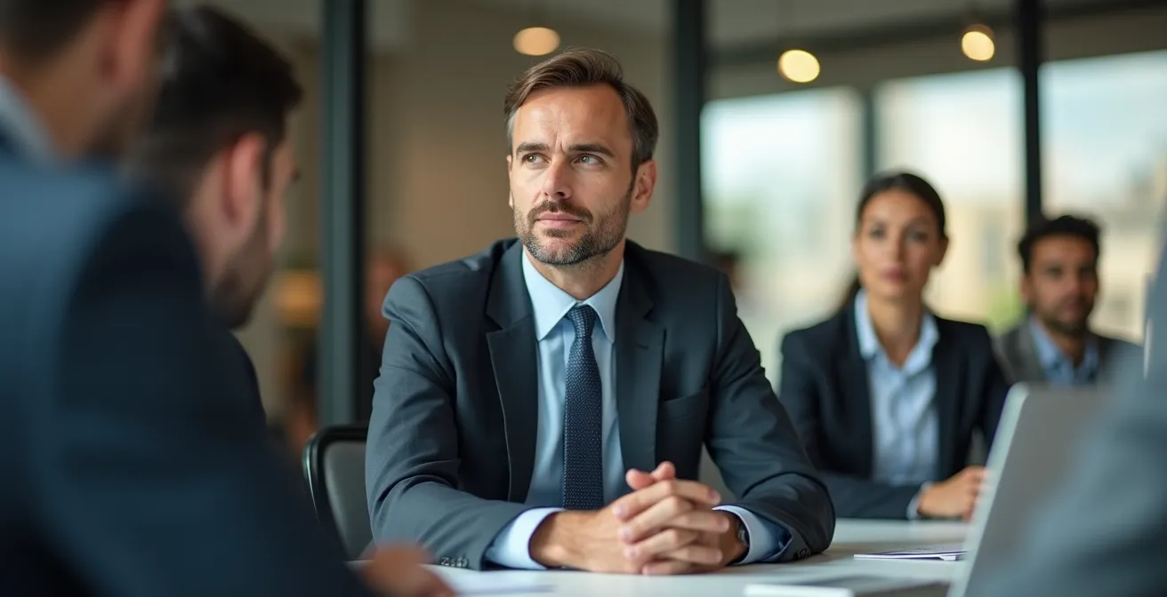 Personne pratiquant discrètement la cohérence cardiaque lors d'une réunion d'affaires