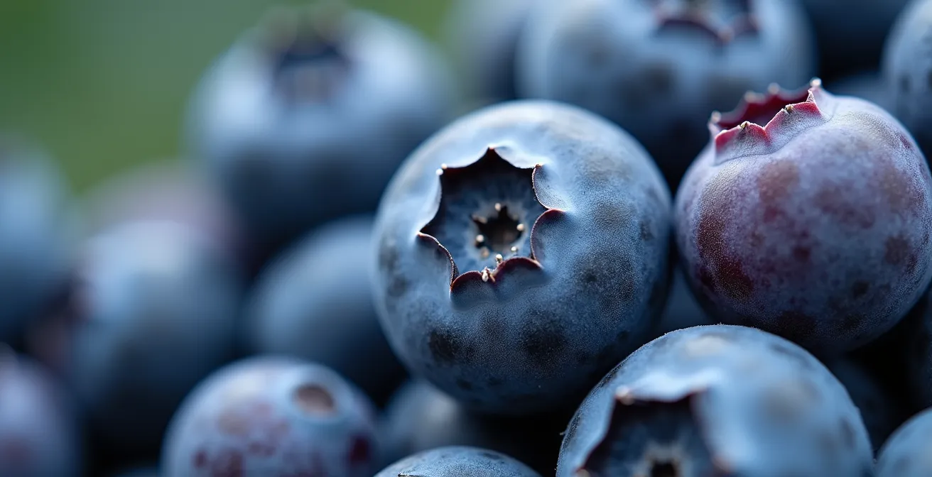 Gros plan macro sur des bleuets sauvages du Québec montrant leur texture et leur richesse en anthocyanes