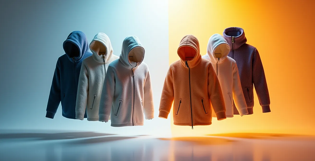 Vue microscopique comparant les fibres de laine mérinos et synthétique avec leurs propriétés d'évacuation d'humidité