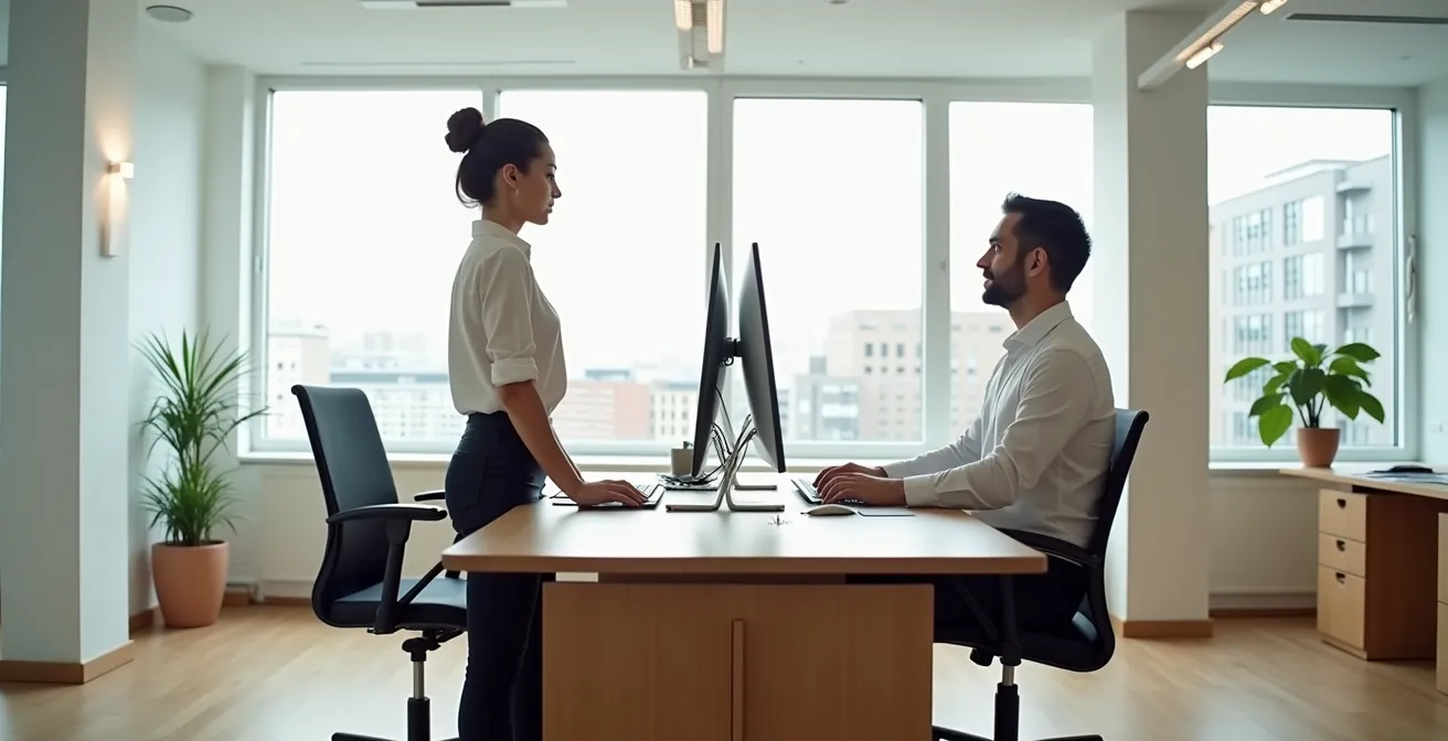 Personne au bureau montrant la différence entre posture incorrecte et corrigée
