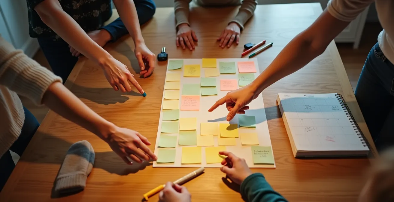 Famille québécoise en réunion autour de la table de cuisine pour organiser les responsabilités de chacun.