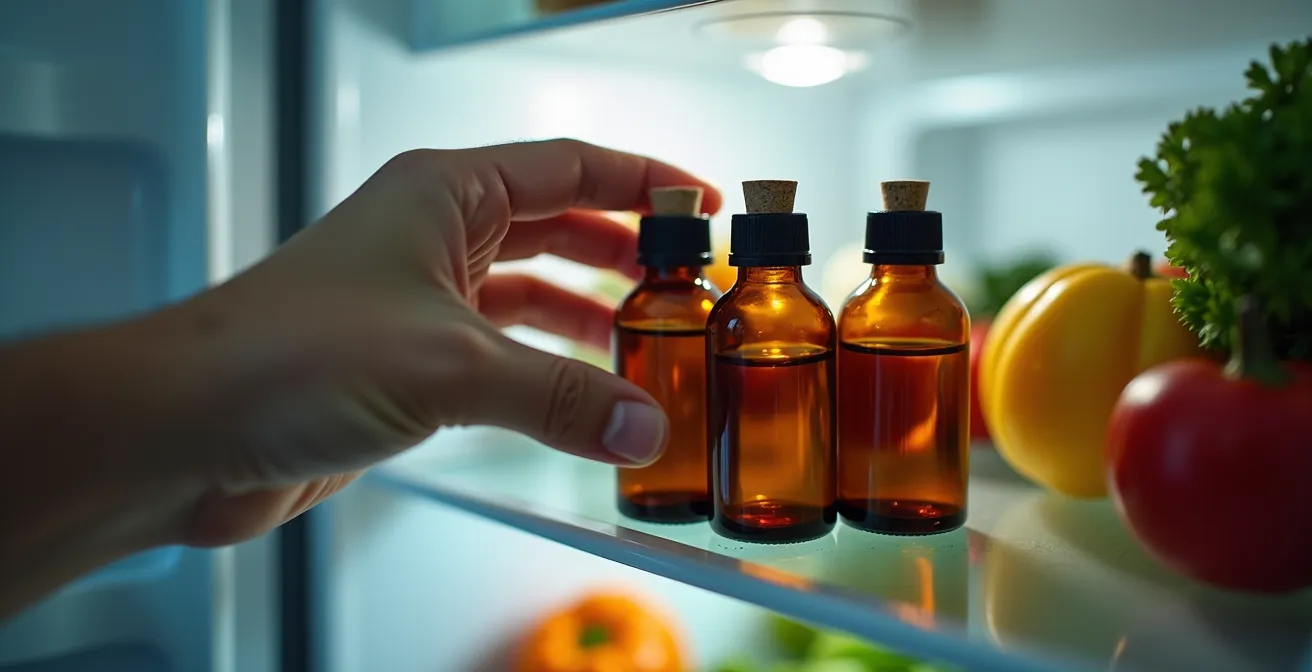 Flacons d'huiles essentielles d'agrumes conservés dans un compartiment de réfrigérateur