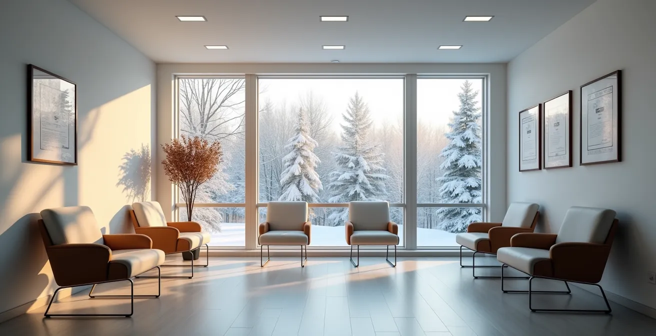 Bureau médical lumineux avec vue sur paysage hivernal québécois
