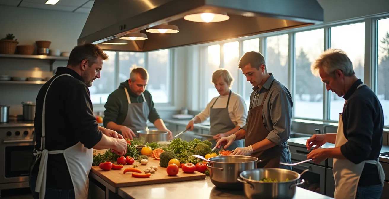 Groupe diversifié préparant ensemble un repas dans une cuisine collective québécoise