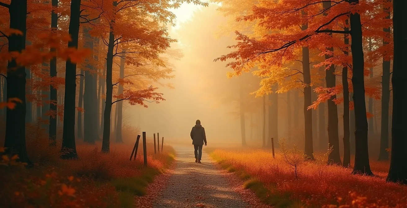 Personne pratiquant une marche en nature dans un parc de la SEPAQ en automne