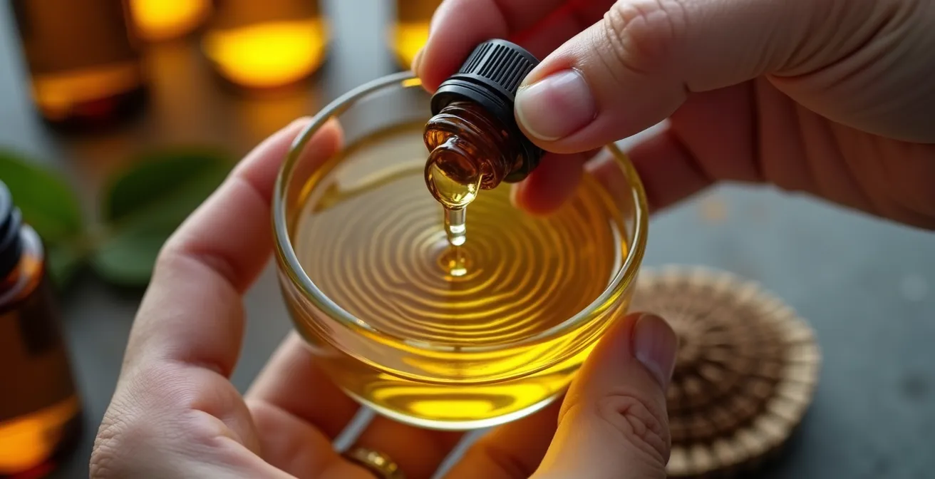 Mains préparant une dilution sécuritaire d'huile essentielle dans un flacon compte-gouttes