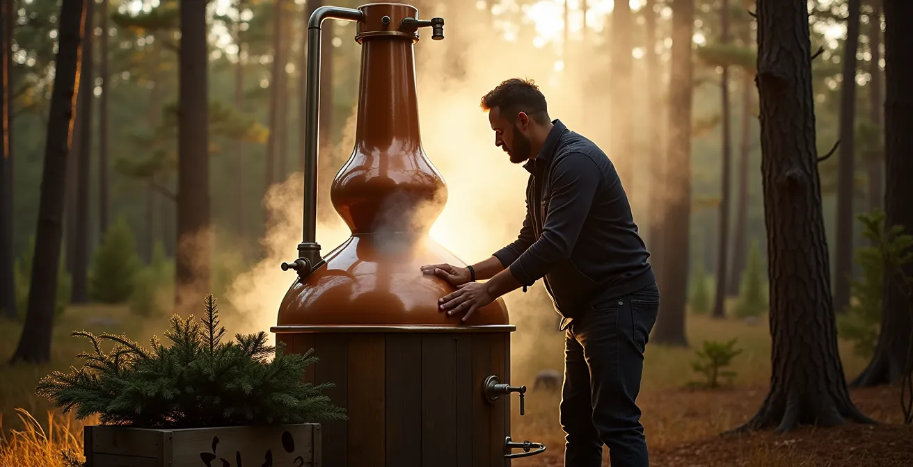 Alambic traditionnel en cuivre dans une clairière de forêt boréale avec branches de conifères
