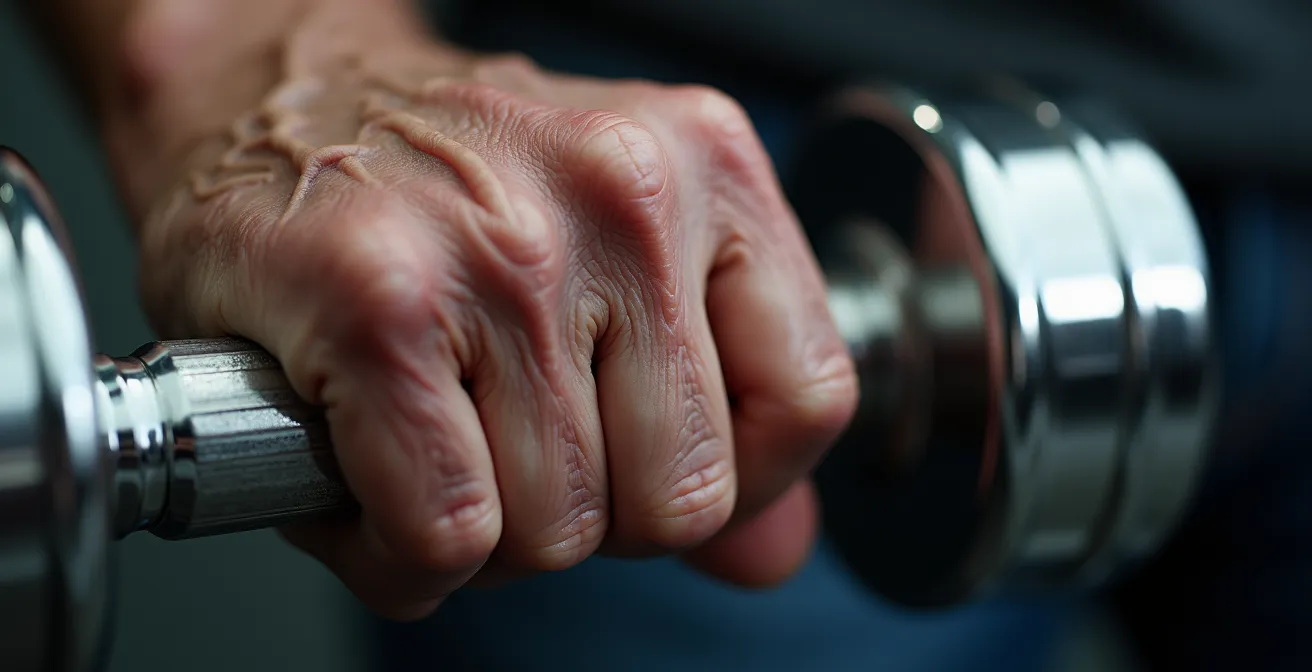 Vue macro détaillée d'une main senior tenant un haltère avec texture de la peau visible