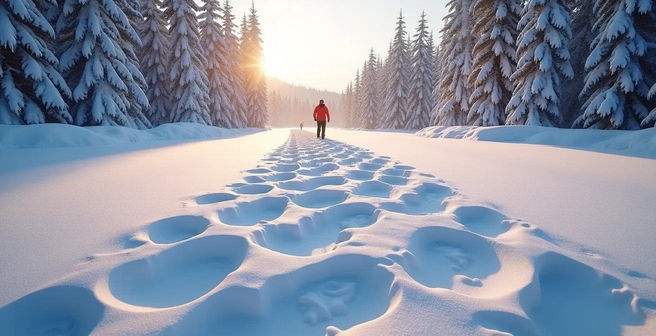 Paysage hivernal québécois avec personne faisant de la raquette dans la neige