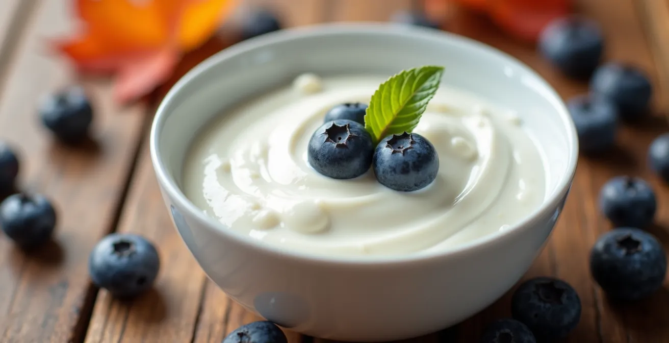 Gros plan sur un pot de yogourt montrant la texture crémeuse avec des fruits frais