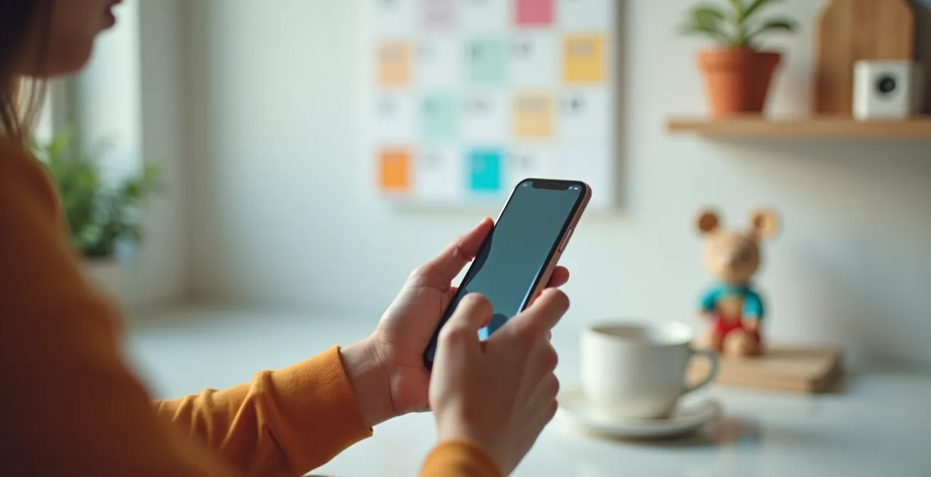 Parent programmant des rappels de vaccination dans son téléphone avec calendrier en arrière-plan