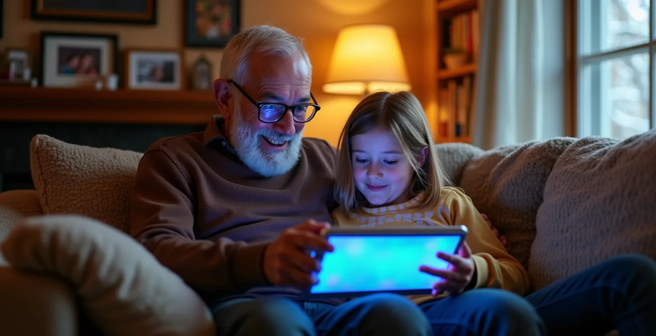 Grand-parent et petit-enfant côte à côte regardant ensemble une tablette, leurs visages illuminés par la lumière de l'écran dans un salon chaleureux