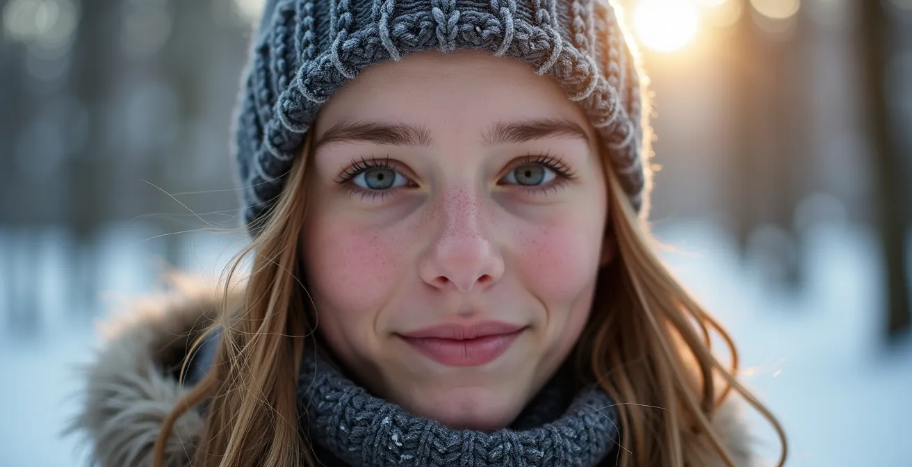 Personne pratiquant la raquette dans une forêt enneigée québécoise sous un ciel bleu lumineux