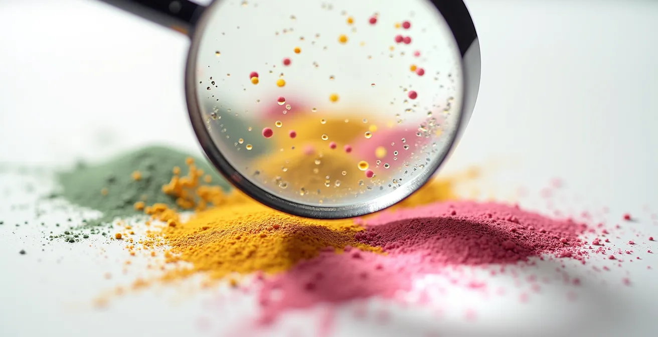Vue macro d'une loupe examinant une surface blanche avec des granules colorés représentant différents ingrédients
