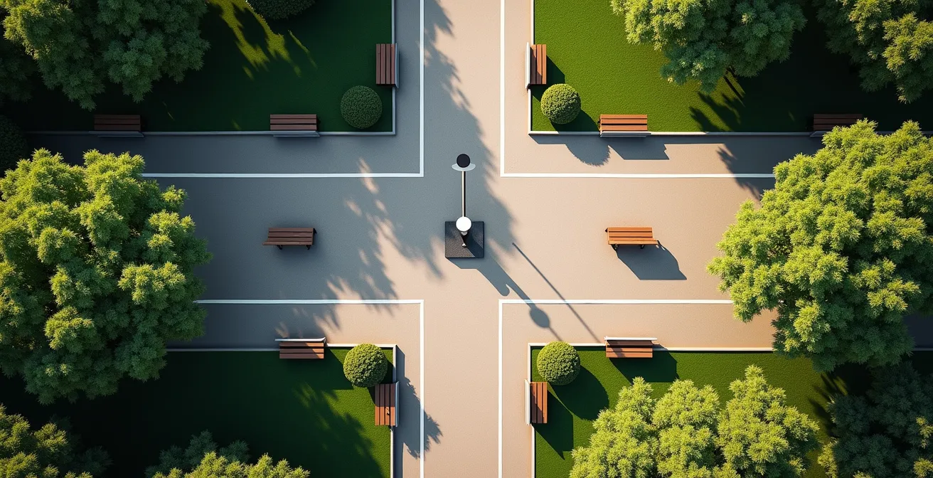 Vue aérienne d'un parc urbain québécois avec marqueurs visuels pour l'entraînement par intervalles