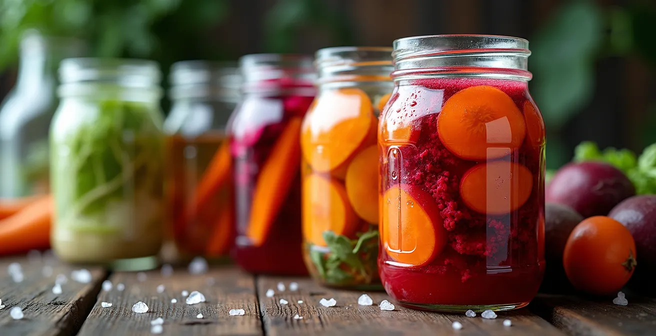 Gros plan macro sur des bocaux de légumes fermentés avec bulles de fermentation visibles