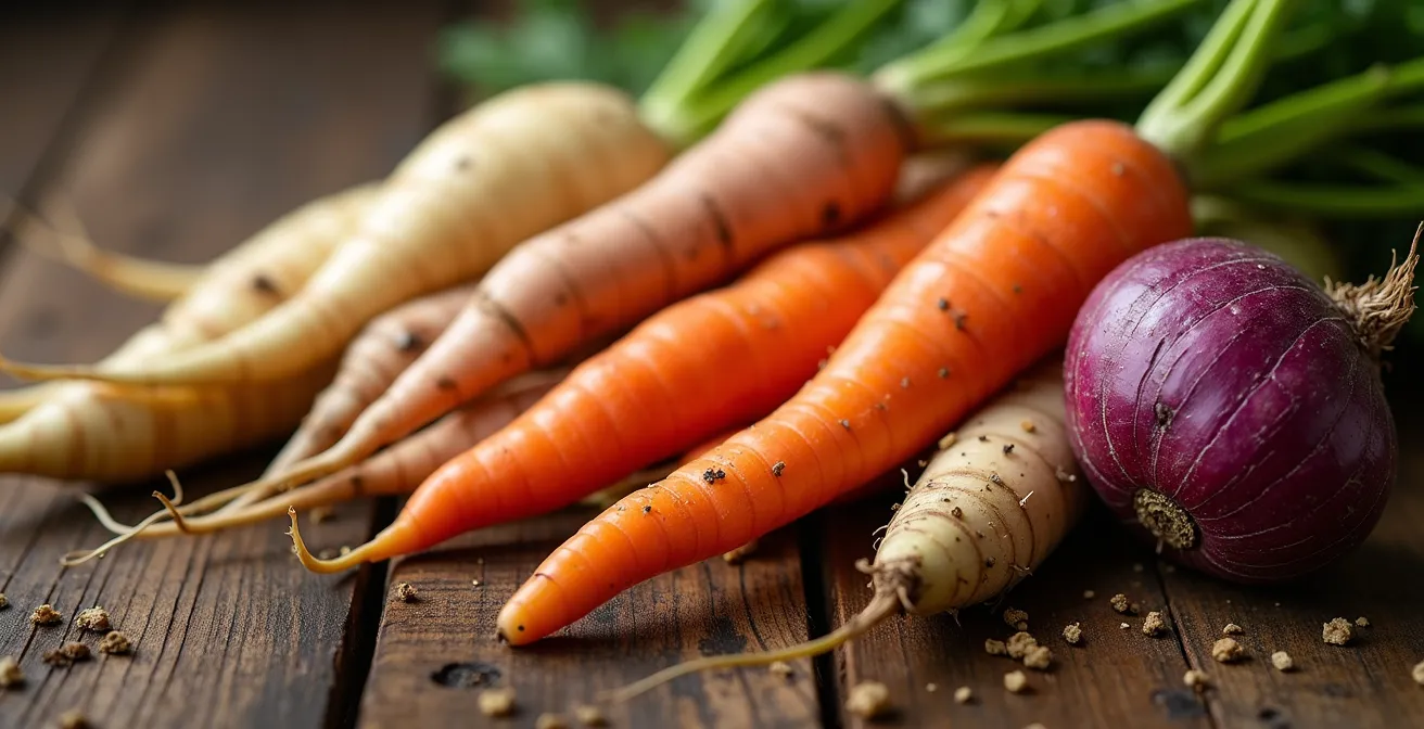 Assortiment de légumes racines québécois colorés disposés sur une surface en bois naturel