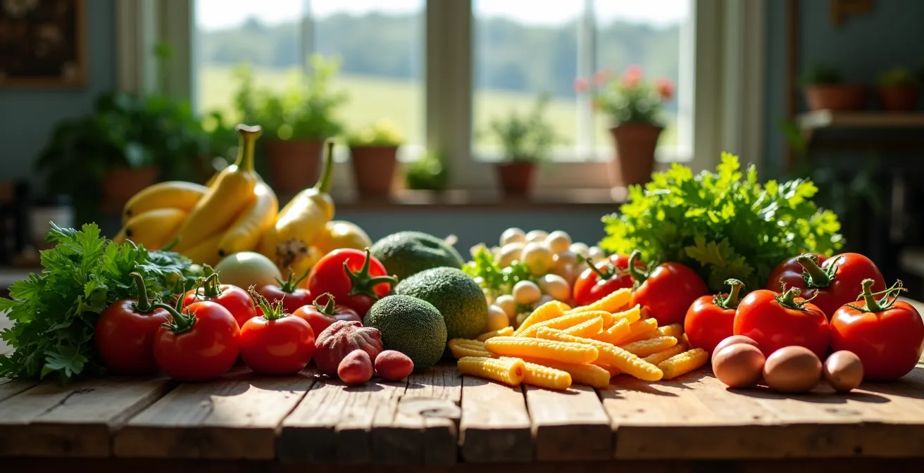 Comparaison visuelle de produits alimentaires québécois avec différentes certifications sur une table de bois