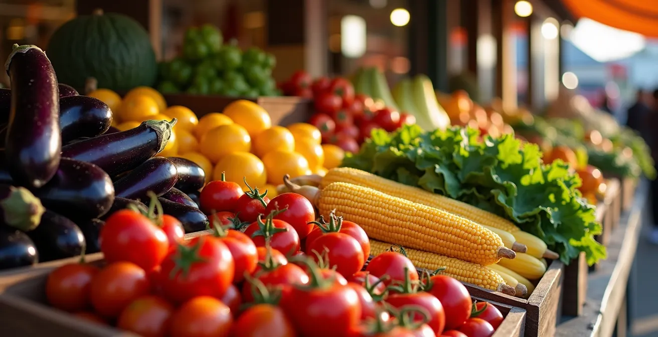 Étal de marché québécois débordant de légumes colorés de saison arrangés en arc-en-ciel naturel