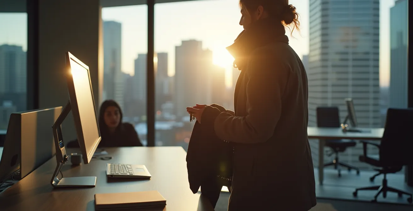 Femme professionnelle quittant son bureau montréalais en fin d'après-midi pour s'occuper de sa famille.