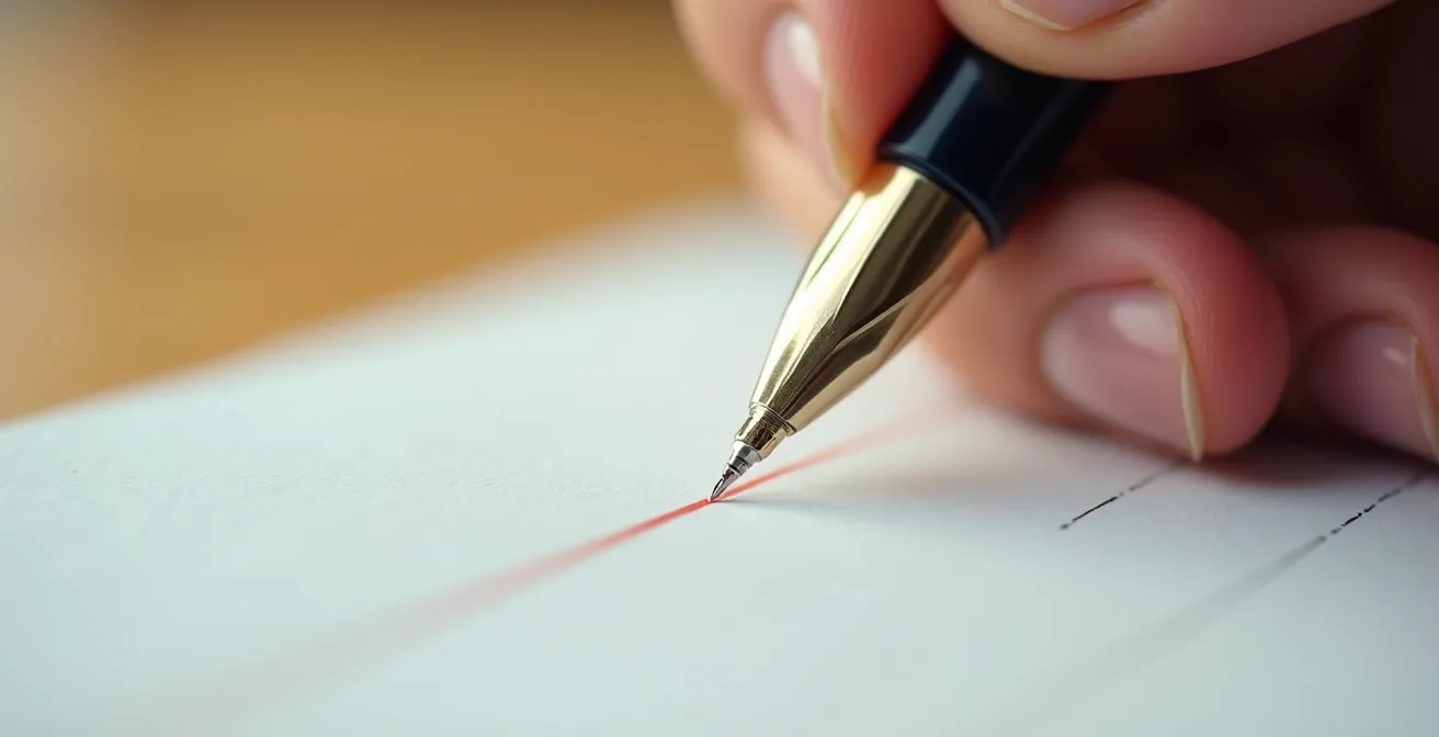 Vue macro d'une main posant un stylo sur une première ligne de cahier, symbolisant le début d'une micro-tâche