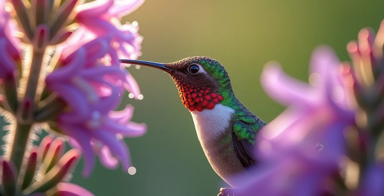 Gros plan sur une monarde pourpre visitée par un colibri avec achillée millefeuille blanche en arrière-plan