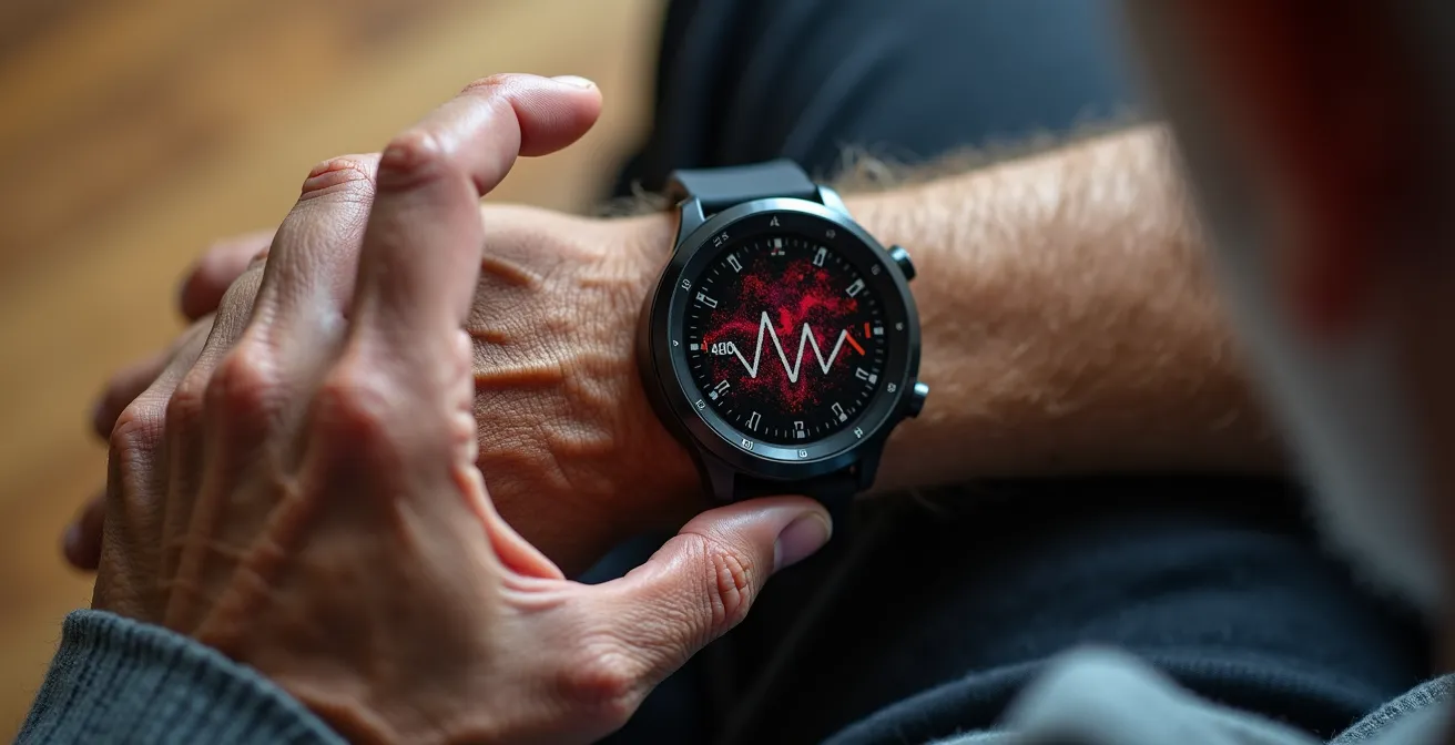 Gros plan macro sur une main de senior utilisant une montre connectée pour mesurer son rythme cardiaque