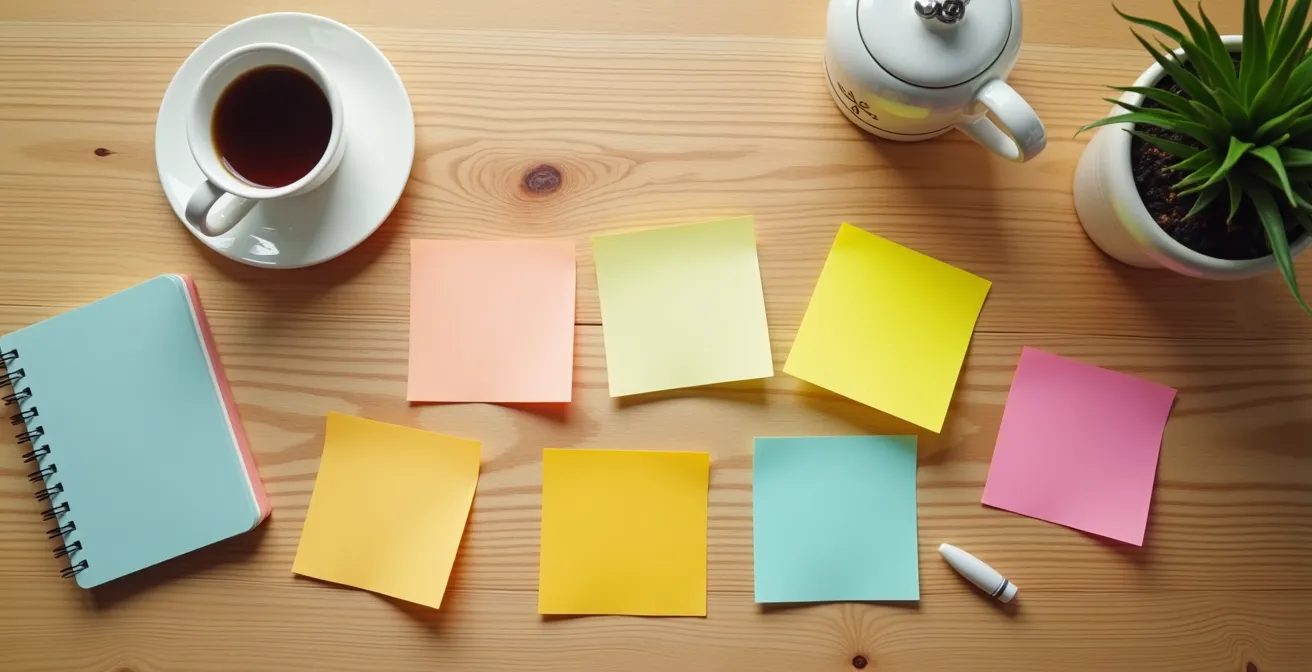 Vue aérienne d'un bureau avec des notes organisées en groupes thématiques