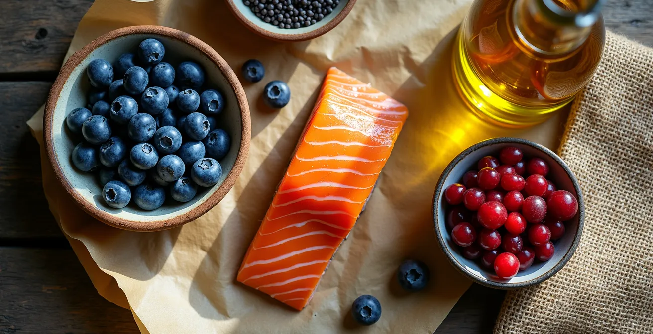 Arrangement de produits alimentaires québécois sur une table de bois rustique incluant bleuets, saumon et huile de canola