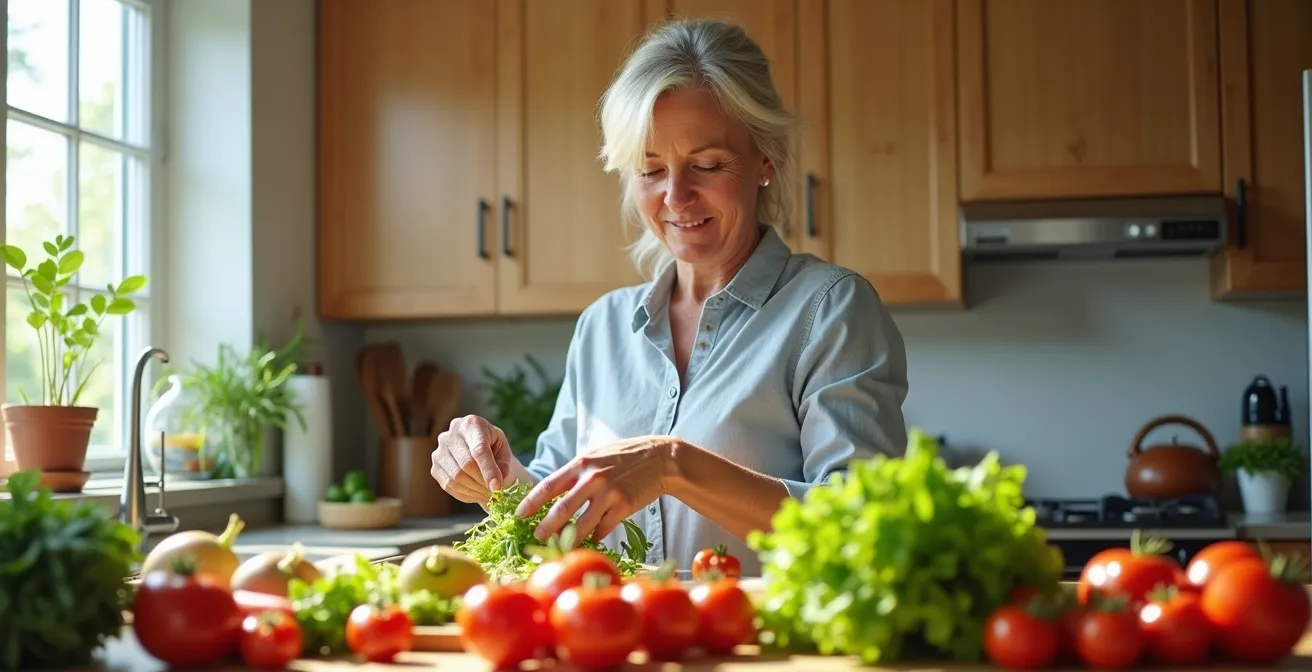 Personne préparant un repas équilibré dans une cuisine lumineuse québécoise