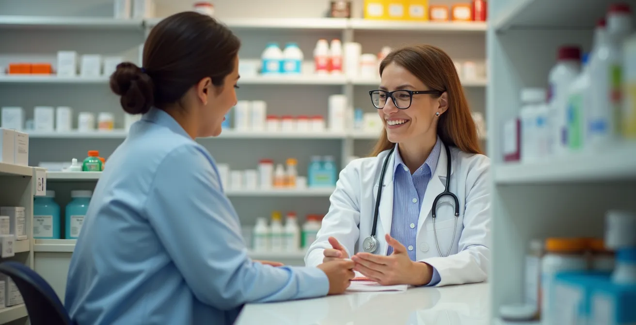 Pharmacien en blouse blanche consultant un patient dans une pharmacie québécoise moderne, ambiance professionnelle et rassurante