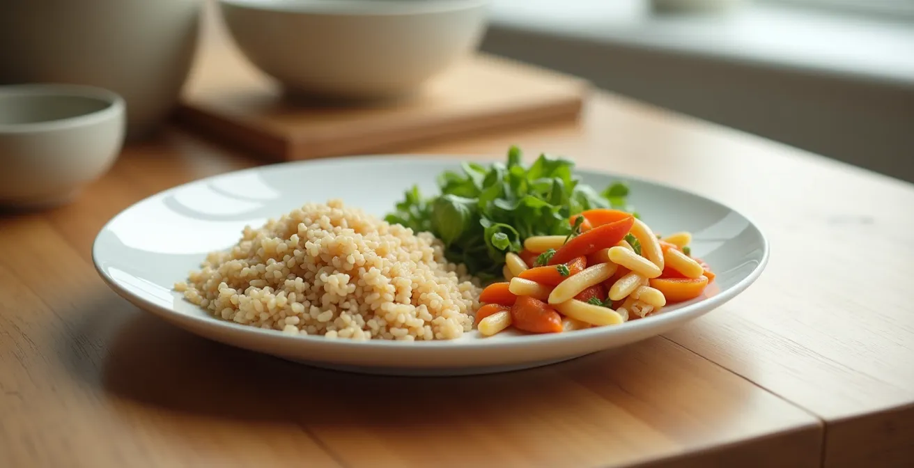 Assiette divisée montrant les portions recommandées de grains entiers avec des aliments québécois