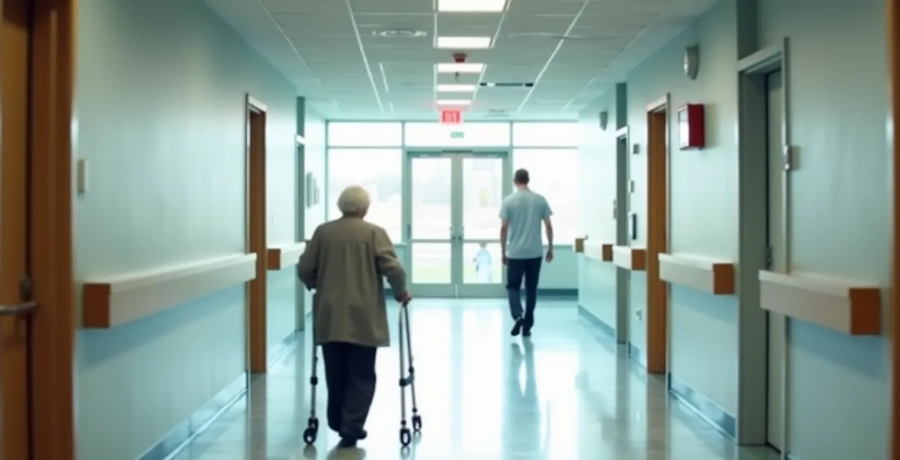 Vue d'ensemble d'un corridor de CLSC avec une personne âgée et son accompagnateur se dirigeant vers l'accueil