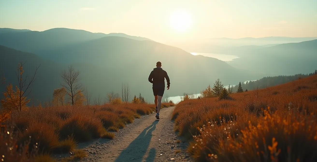 Coureur progressant du sentier plat au vallonné dans un paysage québécois quatre saisons