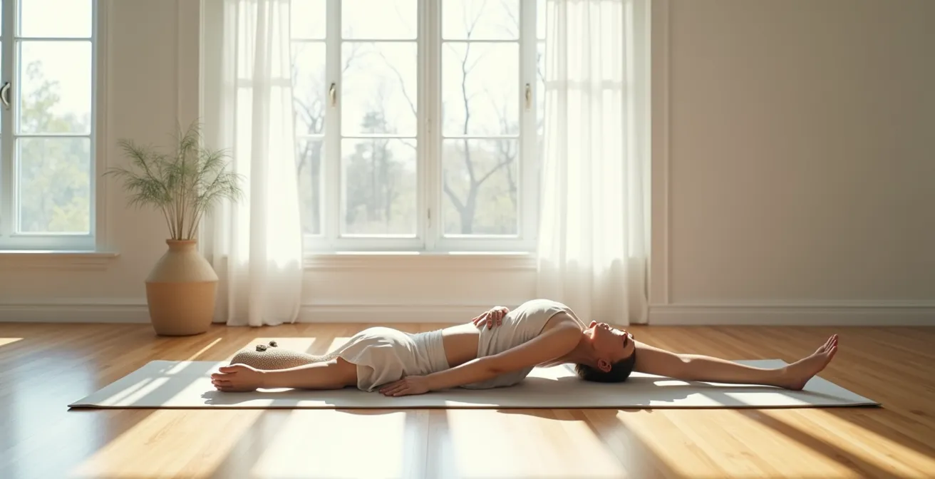 Vue en plongée d'une personne allongée pratiquant la respiration abdominale
