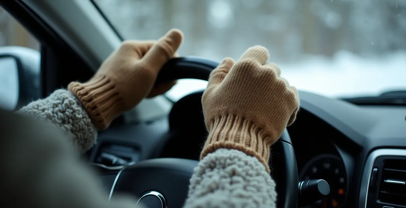 Gros plan sur les mains d'une personne tenant le volant dans une voiture stationnée, neige visible à l'extérieur