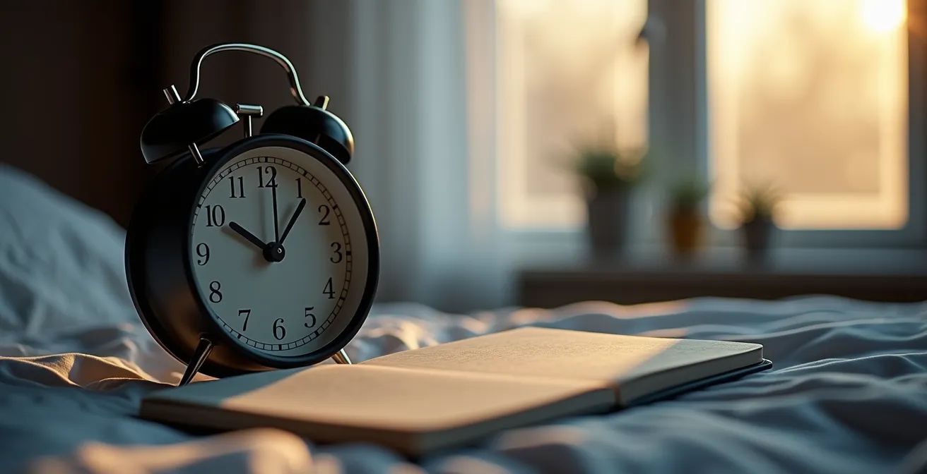 Réveil-matin posé sur une table de nuit avec un carnet de suivi du sommeil, symbolisant la discipline de la restriction du temps de sommeil.