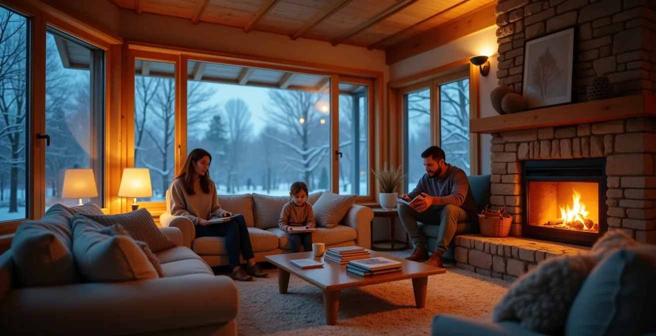 Famille québécoise partageant un moment calme de lecture ensemble dans leur salon le soir