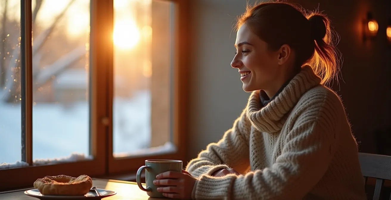 Personne prenant son petit-déjeuner près d'une grande fenêtre ensoleillée en hiver, illustrant l'importance de la lumière matinale.